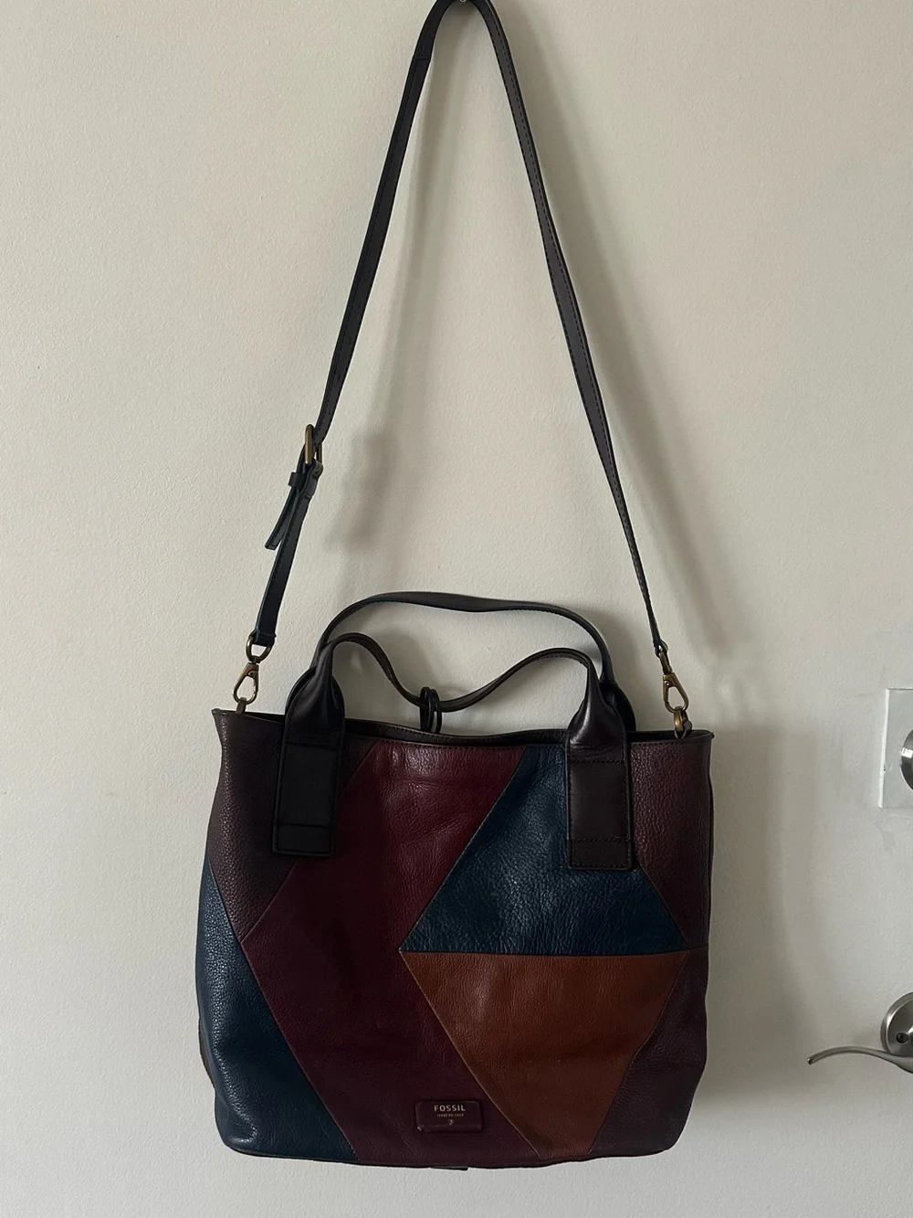 Fossil Patchwork Leather Tote — Burgundy, Navy & Brown